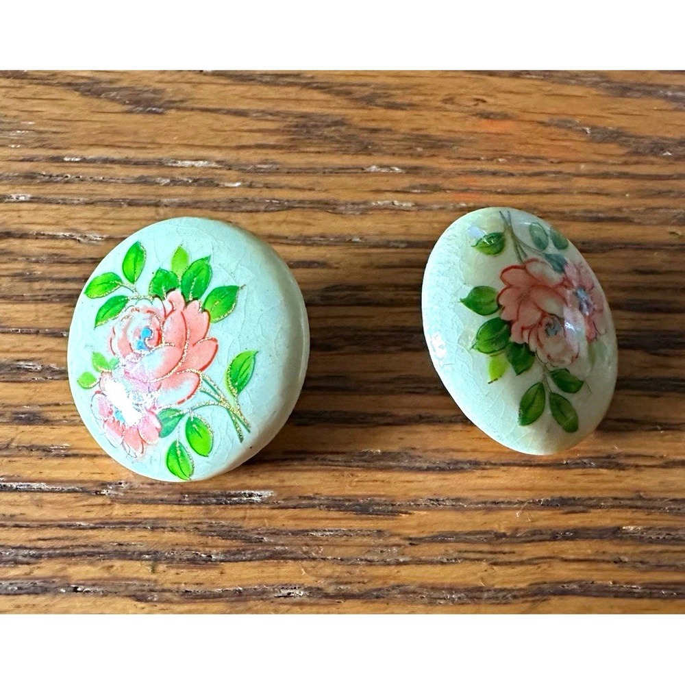 Vintage 1960s Porcelain Rose Clip-On Earrings, Romantic Crackle Glaze Discs